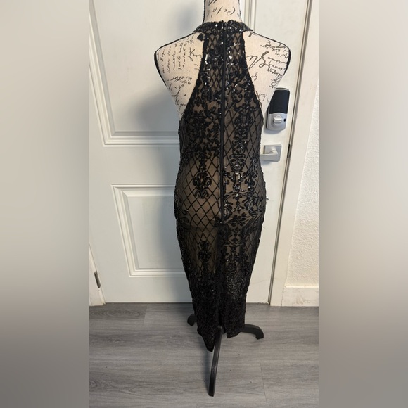 Privy Sequin Mesh Bodycon Prom Dress Black/Nude Halter Size M - Picture 5 of 12